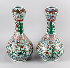 PAIR OF CHINESE DOUCAI PORCELAIN BOTTLE VASES Early 20th Century Heights 19".