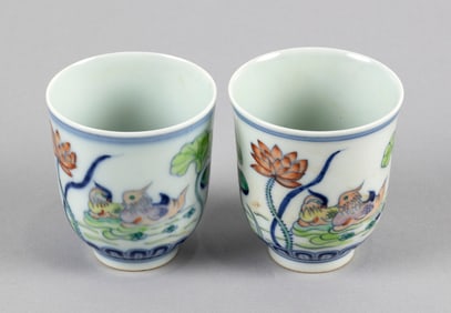PAIR OF CHINESE DOUCAI PORCELAIN WINE CUPS 19th Century Heights 3". Diameters 2.5".