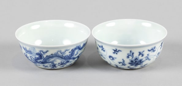 TWO CHINESE BLUE AND WHITE PORCELAIN WINE CUPS 20th Century Heights 1.5". Diameters 3.5".