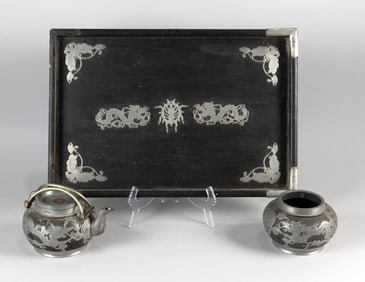 CHINESE PEWTER OVERLAY YIXING POTTERY TEA SET Early 20th Century Teapot and wastebowl heights 5".