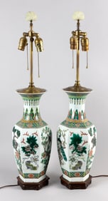 PAIR OF CHINESE FAMILLE VERTE PORCELAIN BALUSTER VASES MOUNTED AS TABLE LAMPS 19th Century Vase