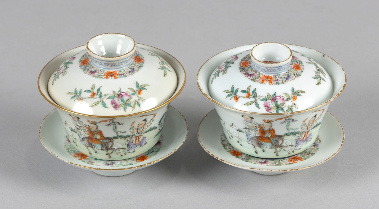 PAIR OF CHINESE FAMILLE ROSE PORCELAIN TEA BOWLS Early 20th Century Heights 4". (1 of 12)
