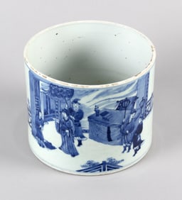 CHINESE BLUE AND WHITE PORCELAIN BRUSH POT Most Likely Kangxi Period Height 6". Diameter 7.25".