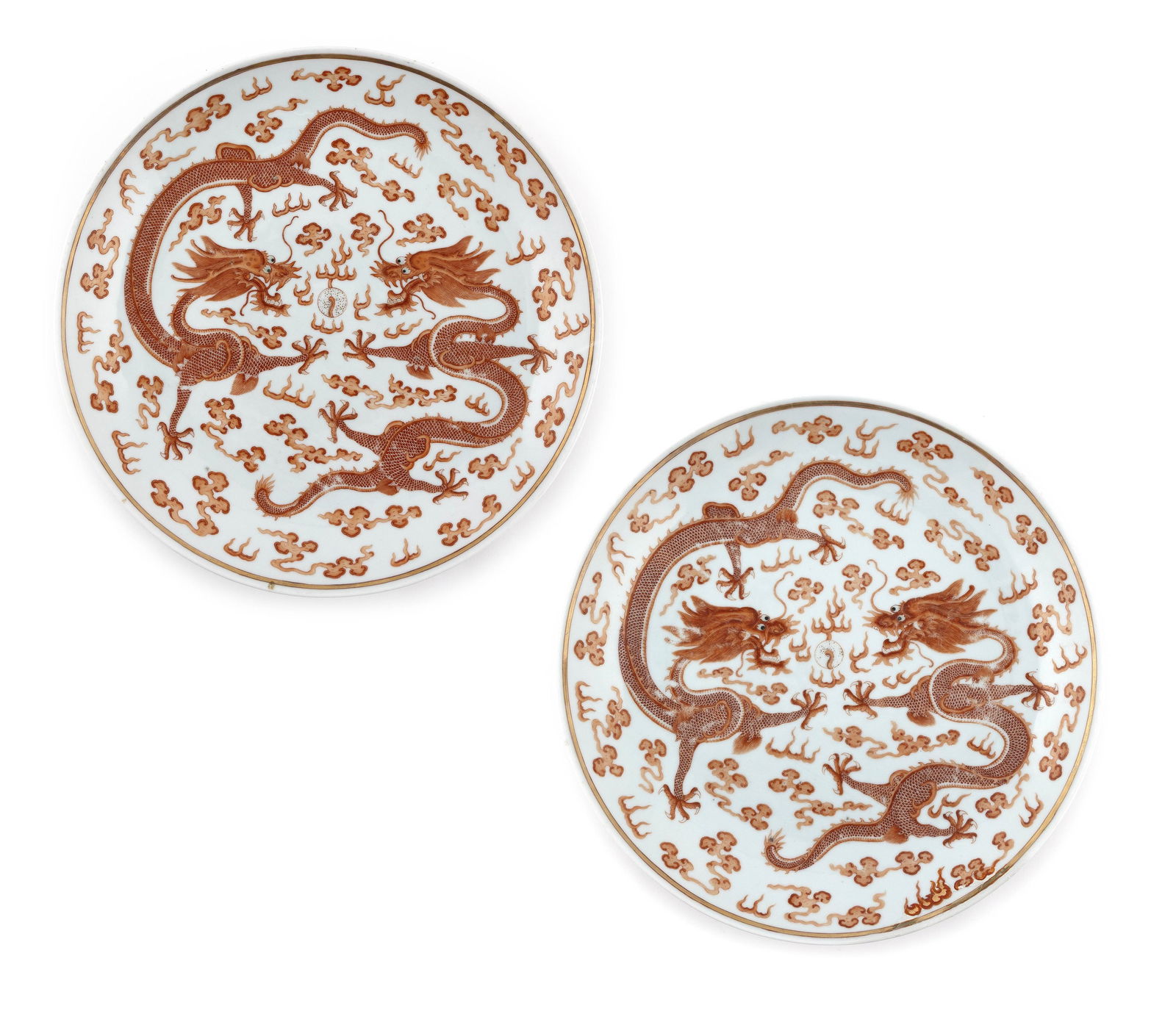 PAIR OF CHINESE IRON RED PORCELAIN DRAGON DISHES 19th Century Diameters 13". (1 of 14)
