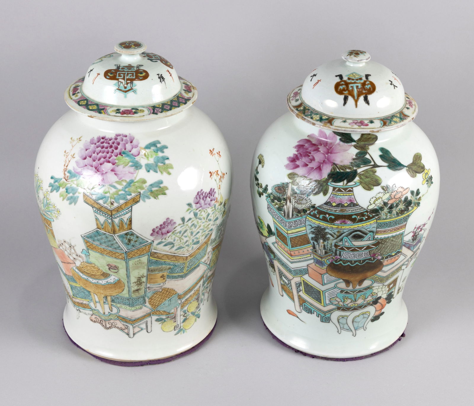 NEAR PAIR OF CHINESE FAMILLE ROSE PORCELAIN TEMPLE JARS Late 19th and Early 20th Century Heights 19" (1 of 12)