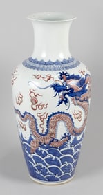 CHINESE BLUE, RED AND WHITE PORCELAIN BALUSTER VASE Height 21".