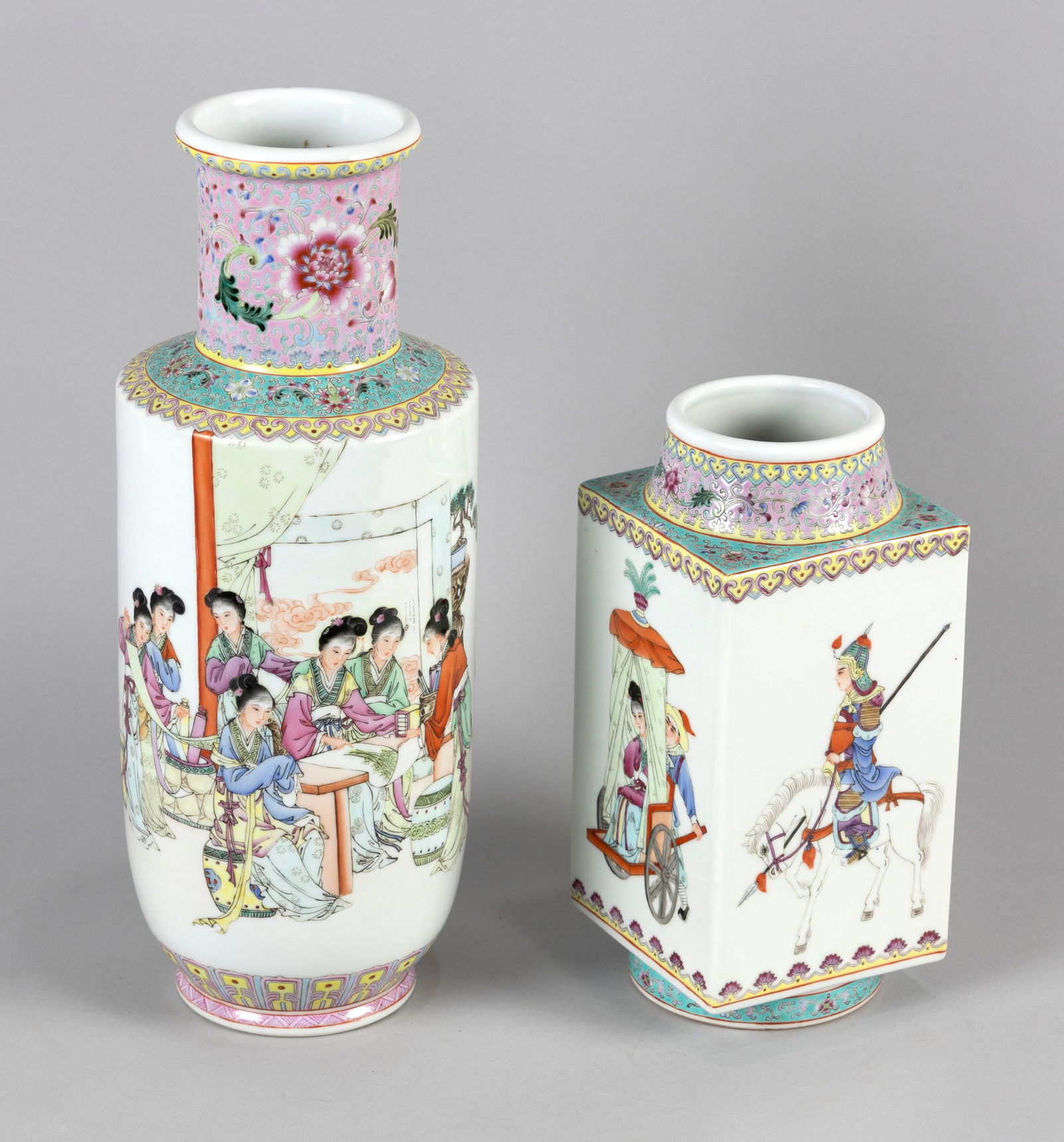 TWO CHINESE FAMILLE ROSE PORCELAIN VASES Early 20th Century: TWO CHINESE FAMILLE ROSE PORCELAIN VASESEarly 20th Century1) Rouleau vase with scene of ladies in an interior inspecting a scroll painting on obverse and calligraphy and seal marks on reverse. Neck wi