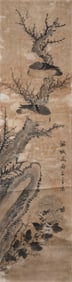 CHINESE SCROLL PAINTING OF BIRDS AND CHRYSANTHEMUMS 19th Century On paper, 51" x 12.5".