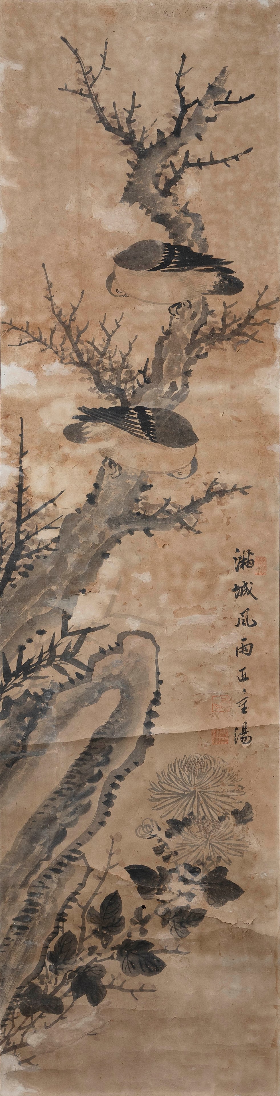 CHINESE SCROLL PAINTING OF BIRDS AND CHRYSANTHEMUMS 19th Century On paper, 51" x 12.5".: CHINESE SCROLL PAINTING OF BIRDS AND CHRYSANTHEMUMS19th CenturySigned and seal marked mid-right.On paper, 51" x 12.5".