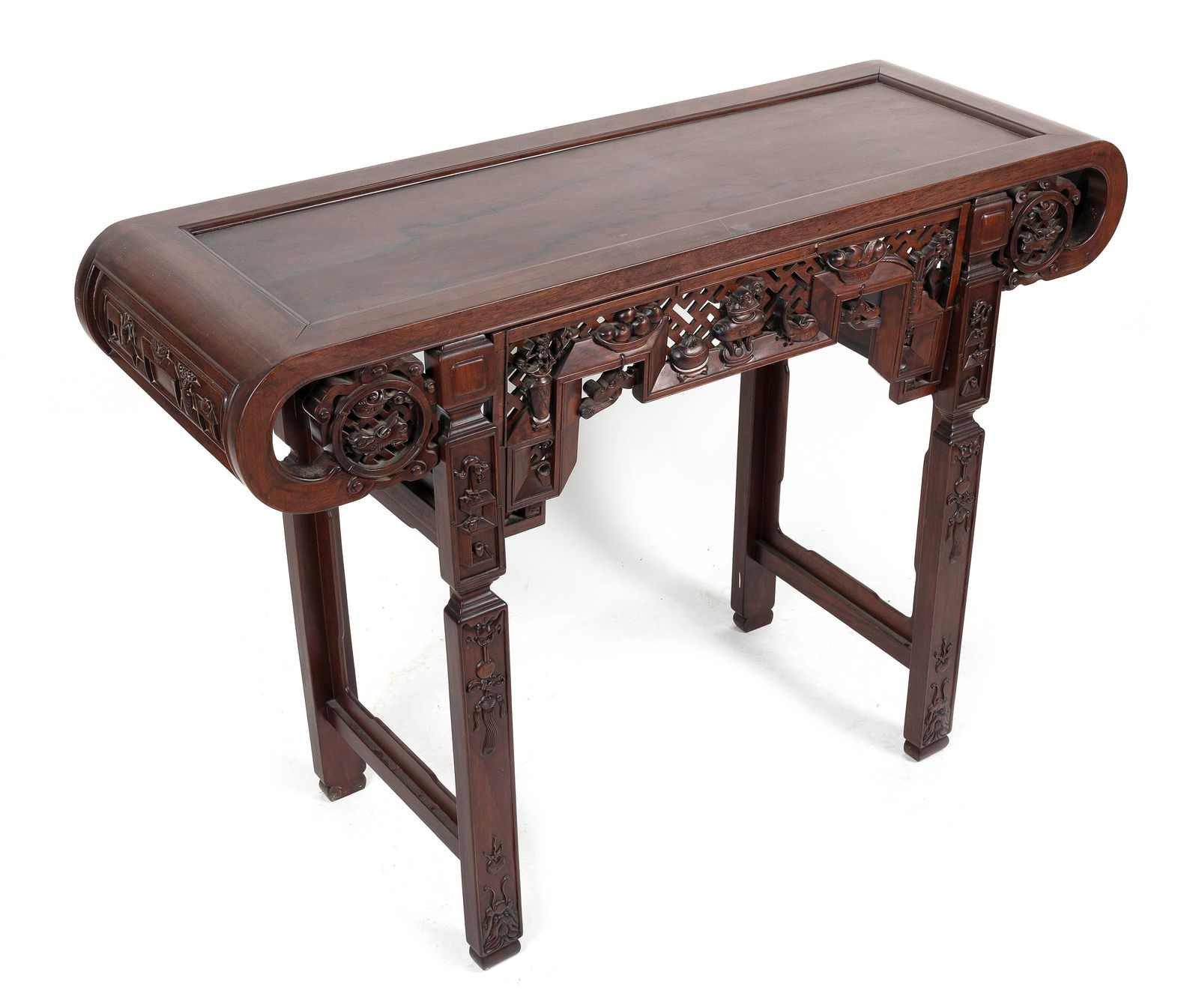 CHINESE CARVED ROSEWOOD ALTAR TABLE Late 19th/Early 20th Century Height 33". Width 46". Depth 16". (1 of 8)