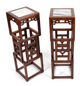 PAIR OF CHINESE OPEN-CARVED WOOD STANDS WITH INSET MARBLE TOPS Early 20th Century Heights 33.5".