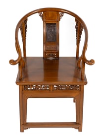 CHINESE CARVED YEW WOOD ALTAR CHAIR Early 20th Century Back height 39". Width 25". Depth 18".