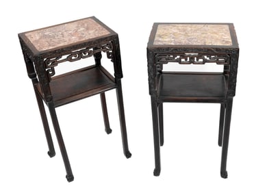PAIR OF CHINESE CARVED HARDWOOD STANDS WITH INSET MARBLE TOPS Early 20th Century Heights 31.5".