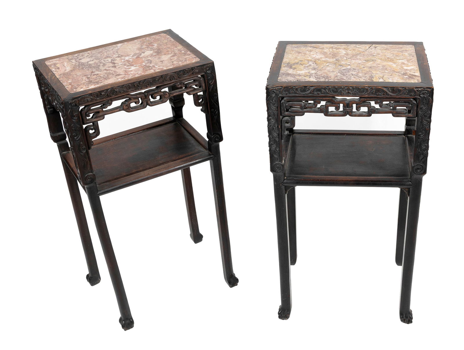 PAIR OF CHINESE CARVED HARDWOOD STANDS WITH INSET MARBLE TOPS Early 20th Century Heights 31.5". (1 of 4)