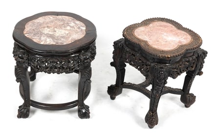 TWO CARVED CHINESE HARDWOOD STANDS WITH INSET ROUGE MARBLE TOPS Early 20th Century Heights 18".
