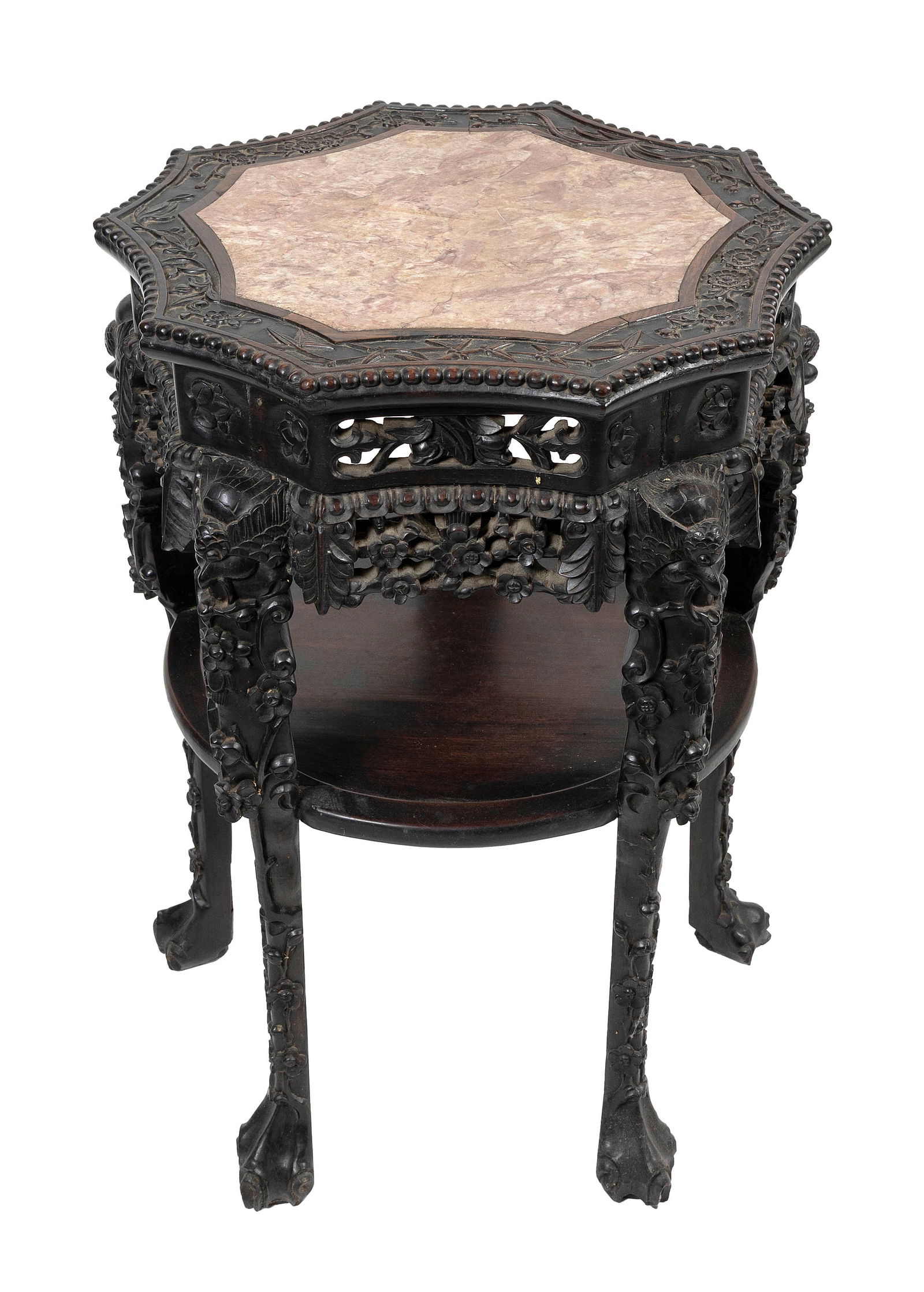 CHINESE CARVED HARDWOOD LAMP TABLE WITH INSET ROUGE MARBLE TOP Early 20th Century Height 31.5". (1 of 10)