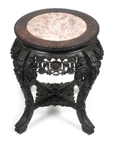 CHINESE CARVED WOOD TABORET WITH INSET ROUGE MARBLE TOP Late 19th Century Height 19". Top diameter