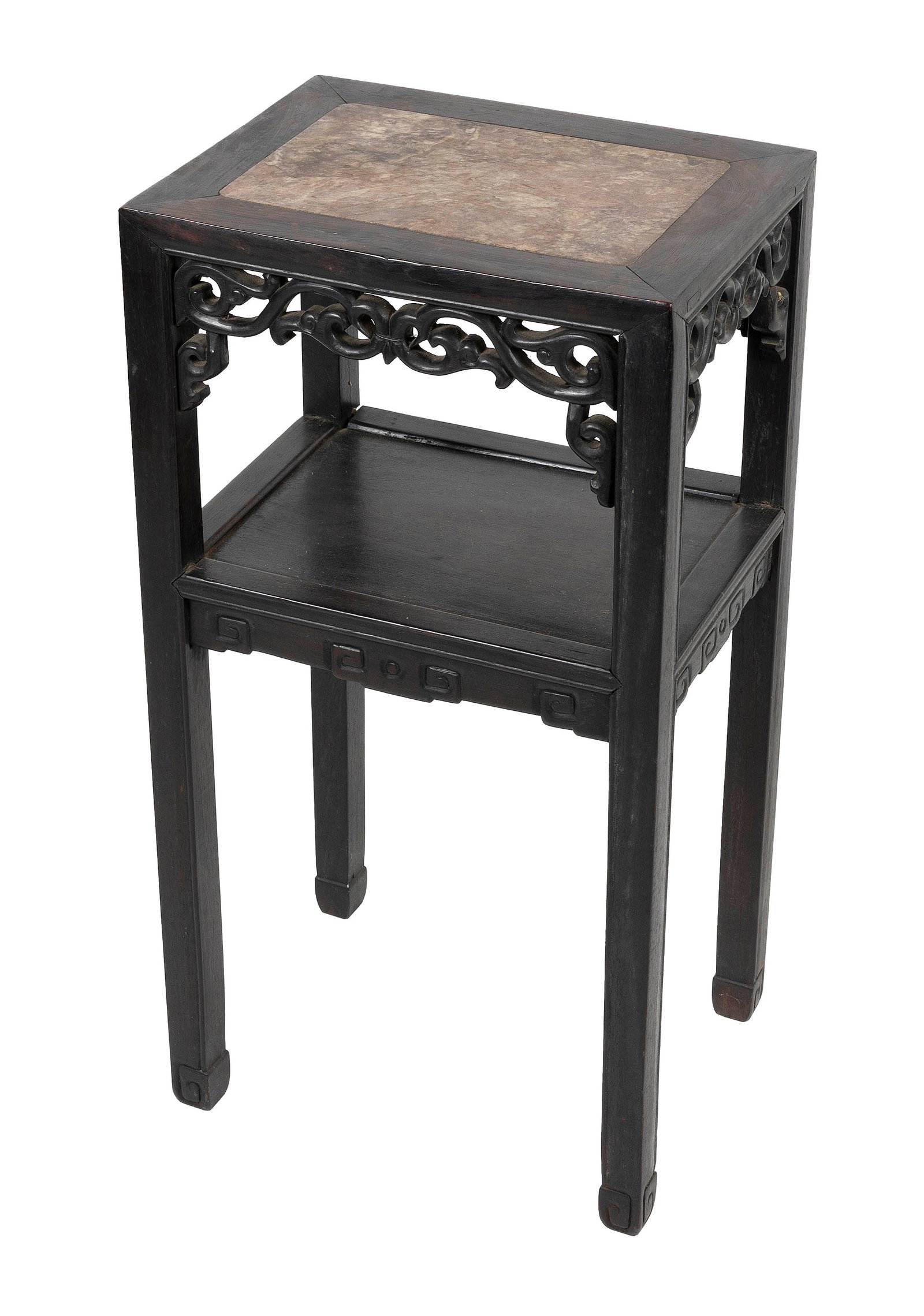CHINESE CARVED ROSEWOOD TABORET WITH INSET ROUGE MARBLE TOP Late 19th/Early 20th Century Height 32". (1 of 2)