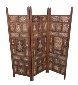 INDO-PERSIAN OPEN-CARVED AND INLAID THREE-PANEL SCREEN Early 20th Century Each panel 67" x 20".