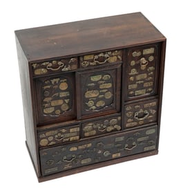 JAPANESE TABLETOP CHATANZU (TEA CABINET) MOUNTED WITH MENUKI AND OTHER SWORD FITTINGS Meiji Period