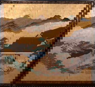 JAPANESE GILT TWO-PANEL SCREEN Meiji Period Height 67.5". Length opened 72".