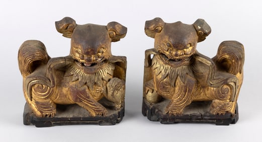 PAIR OF CHINESE CARVED GILTWOOD FU DOG WALL ORNAMENTS 19th Century Heights 8". Lengths 7".