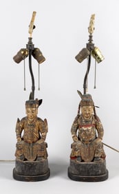 PAIR OF CHINESE PAINTED AND DRY LACQUERED GILTWOOD GUARDIAN FIGURES MOUNTED AS TABLE LAMPS 19th