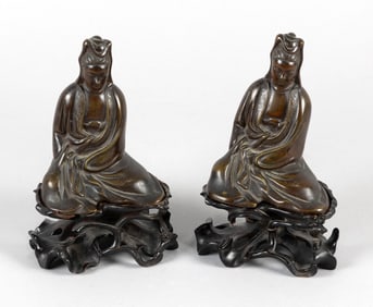 PAIR OF CHINESE BRONZE FIGURES OF GUANYIN 19th Century Figure heights 5.25". Base heights 2.25".
