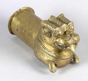 SOUTHEAST ASIAN ORNAMENTAL BRASS PALANQUIN POLE FINIAL Karnataka, 19th Century Height 7". Length