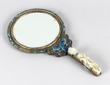 CHINESE CLOISONNE ENAMEL HAND MIRROR WITH WHITE JADE BELT HOOK HANDLE 19th Century Length 13".