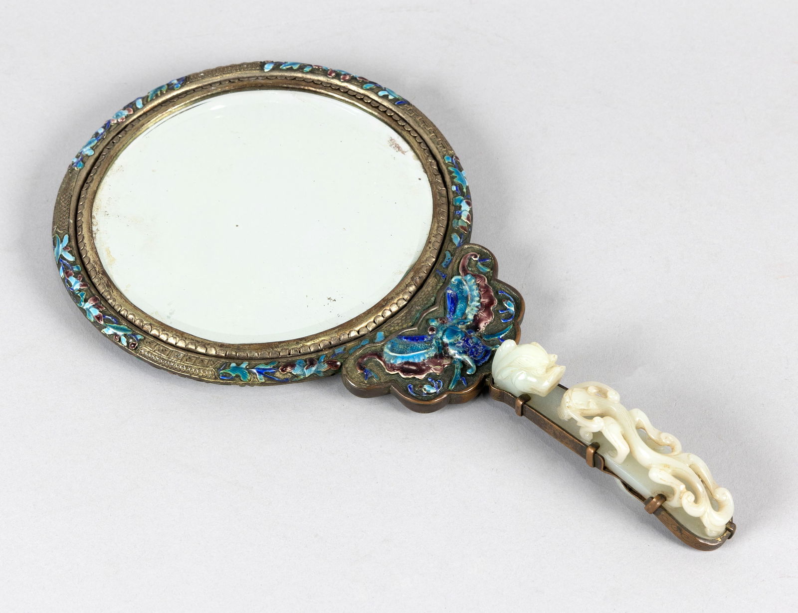 CHINESE CLOISONNE ENAMEL HAND MIRROR WITH WHITE JADE BELT HOOK HANDLE 19th Century Length 13". (1 of 10)