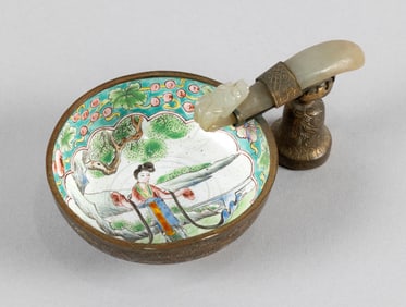 CHINESE PEKING ENAMEL WINE CUP WITH LIGHT CELADON JADE BELT HOOK HANDLE Qing Dynasty (19th Century)