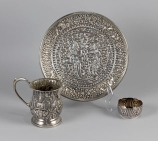 THREE PIECES OF ASIAN SILVER WITH REPOUSSE DECORATION 19th/20th Century