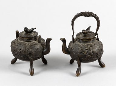 PAIR OF CHINESE BRONZE MINIATURE TEAPOTS Late 19th Century Heights 3.5".