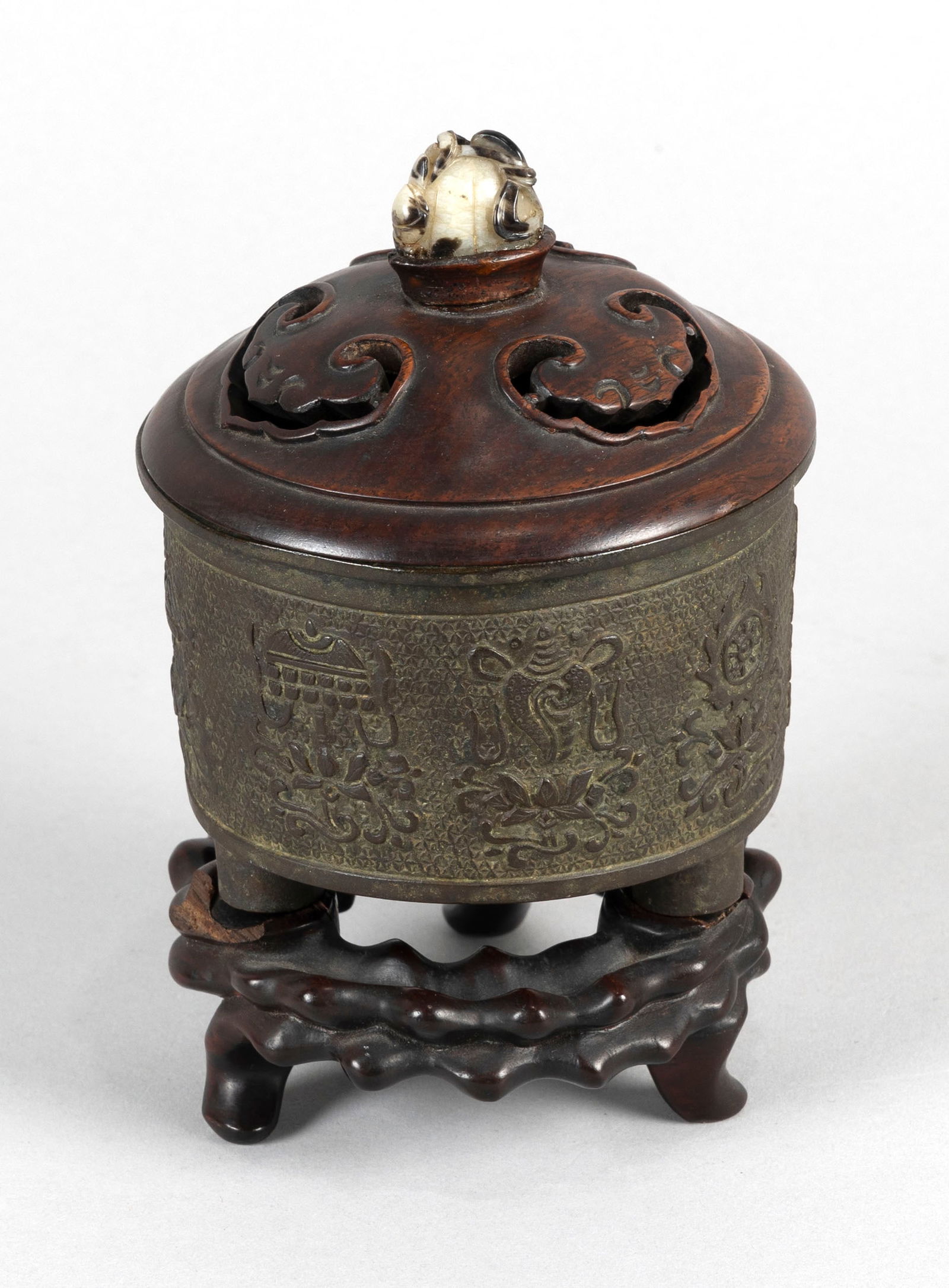 CHINESE BRONZE CENSER 19th Century Height 8". Diameter 4.5". With carved wooden stand. (1 of 11)