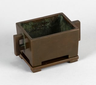 CHINESE BRONZE CENSER ON STAND Early 20th Century Height 3". Length across handles 5.25".