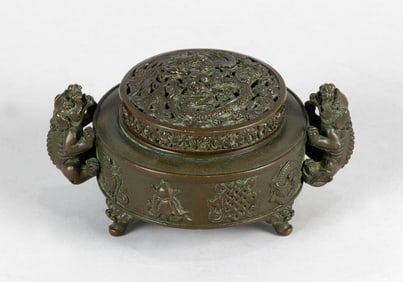 CHINESE BRONZE CENSER 20th Century Height 3". Length across handles 5".
