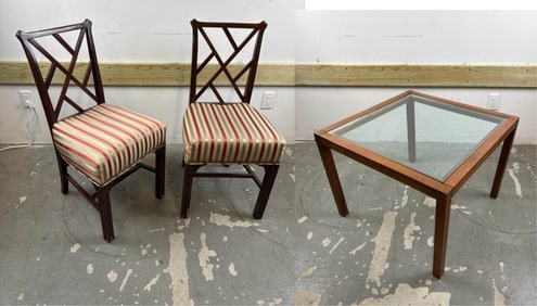 PAIR OF CHAIRS AND A GLASS-TOPPED TABLE Chair back heights 35.25". Seat heights 18". Depths 19".