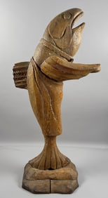 FABULOUS CARVED WOODEN FISH "MAITRE D?HOTEL" Contemporary Height 50.75". Width 16". Depth 25.5".