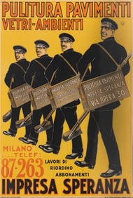 ITALIAN ADVERTISING POSTER "PULITURA PAVIMENTI IMPRESA SPERANZA" Circa 1920 Color lithograph poster,
