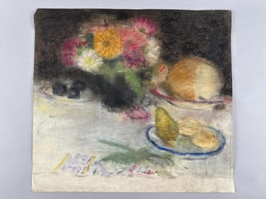 TABLETOP STILL LIFE 20th Century Pastel on paper, 16" x 20". Unframed.