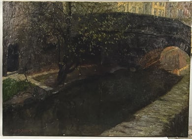 GEORGES DE SLOOVERE (Belgium, 1873-1970), Bridge over a canal., Oil on canvas, 30" x 42". Unframed.