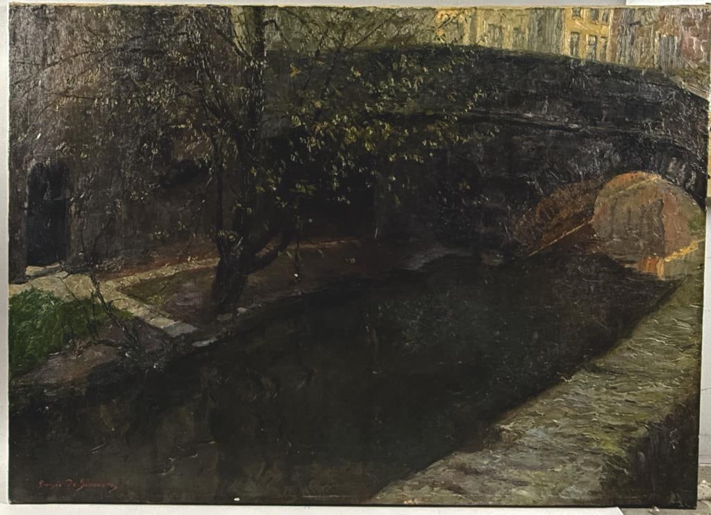 GEORGES DE SLOOVERE (Belgium, 1873-1970), Bridge over a canal., Oil on canvas, 30" x 42". Unframed.: GEORGES DE SLOOVERE Belgium, 1873-1970 Bridge over a canal. Signed lower left "Georges de Sloovere". Oil on canvas, 30" x 42". Unframed.