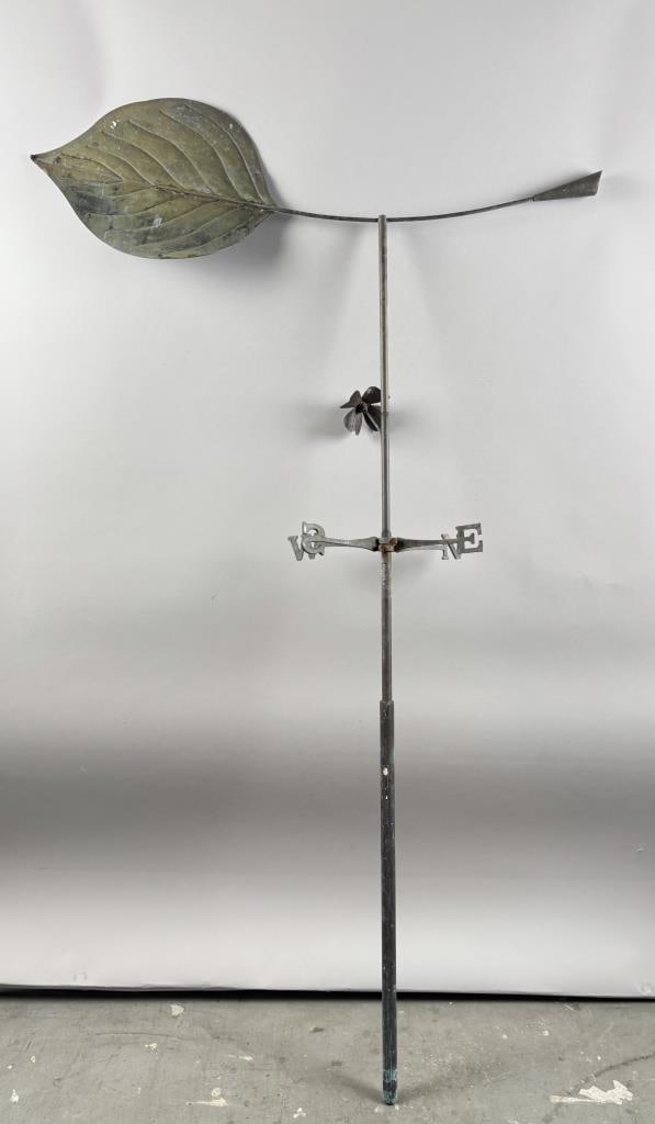 COPPER MAGNOLIA LEAF WEATHER VANE Contemporary Height 60.5". Length 36". Width 11.5".: COPPER MAGNOLIA LEAF WEATHER VANEContemporarySmall-scale flowerhead affixed to pole. Includes directionals.Height 60.5". Length 36". Width 11.5".