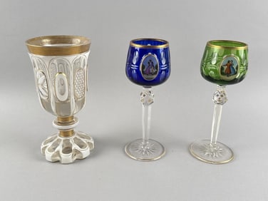 THREE PIECES OF BOHEMIAN CUT OVERLAY GLASS 19th Century