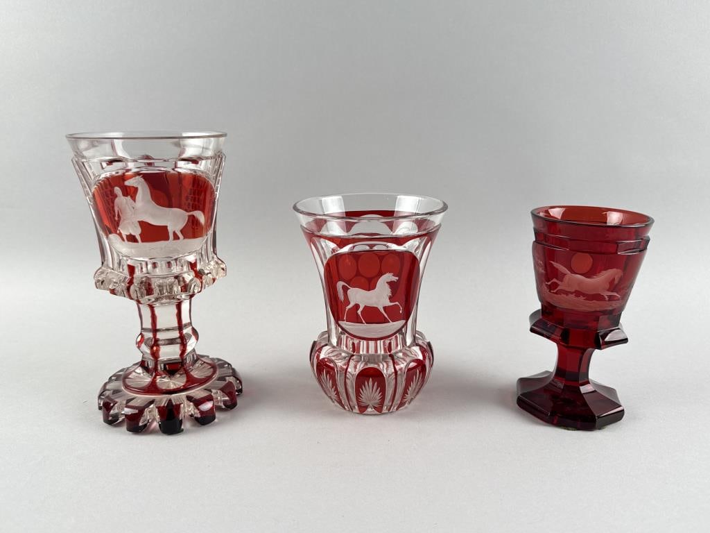 THREE PIECES OF BOHEMIAN RUBY GLASS WITH HORSE DECORATION 19th Century (1 of 3)