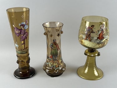 THREE PIECES OF BOHEMIAN ENAMELED AMBER GLASS 19th Century