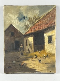 CONTINENTAL SCHOOL (Early 20th Century,), Barnyard scene., Oil on canvas, 14" x 11". Unframed.