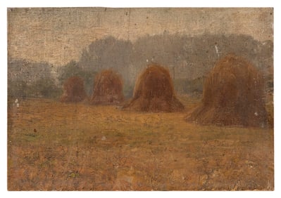 STUDY OF HAYSTACKS 20th Century Oil on board, 8.5" x 12.5". Unframed.