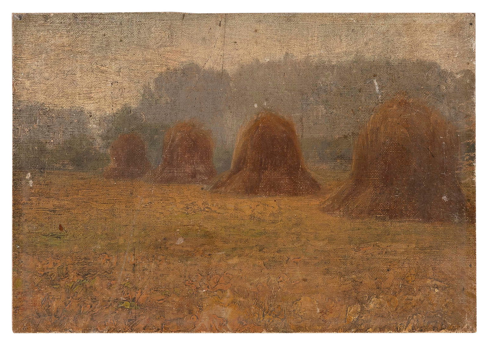 STUDY OF HAYSTACKS 20th Century Oil on board, 8.5" x 12.5". Unframed.: STUDY OF HAYSTACKS20th CenturyUnsigned.Oil on board, 8.5" x 12.5". Unframed.